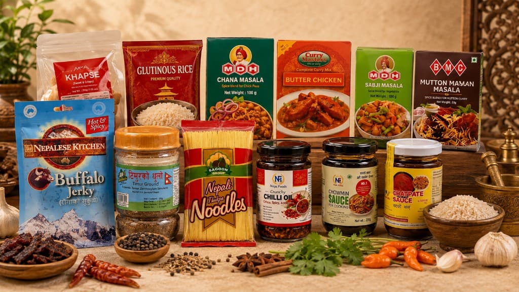 Nepali and South Asian groceries including spices, noodles, sauces, and packaged foods arranged on a wooden table